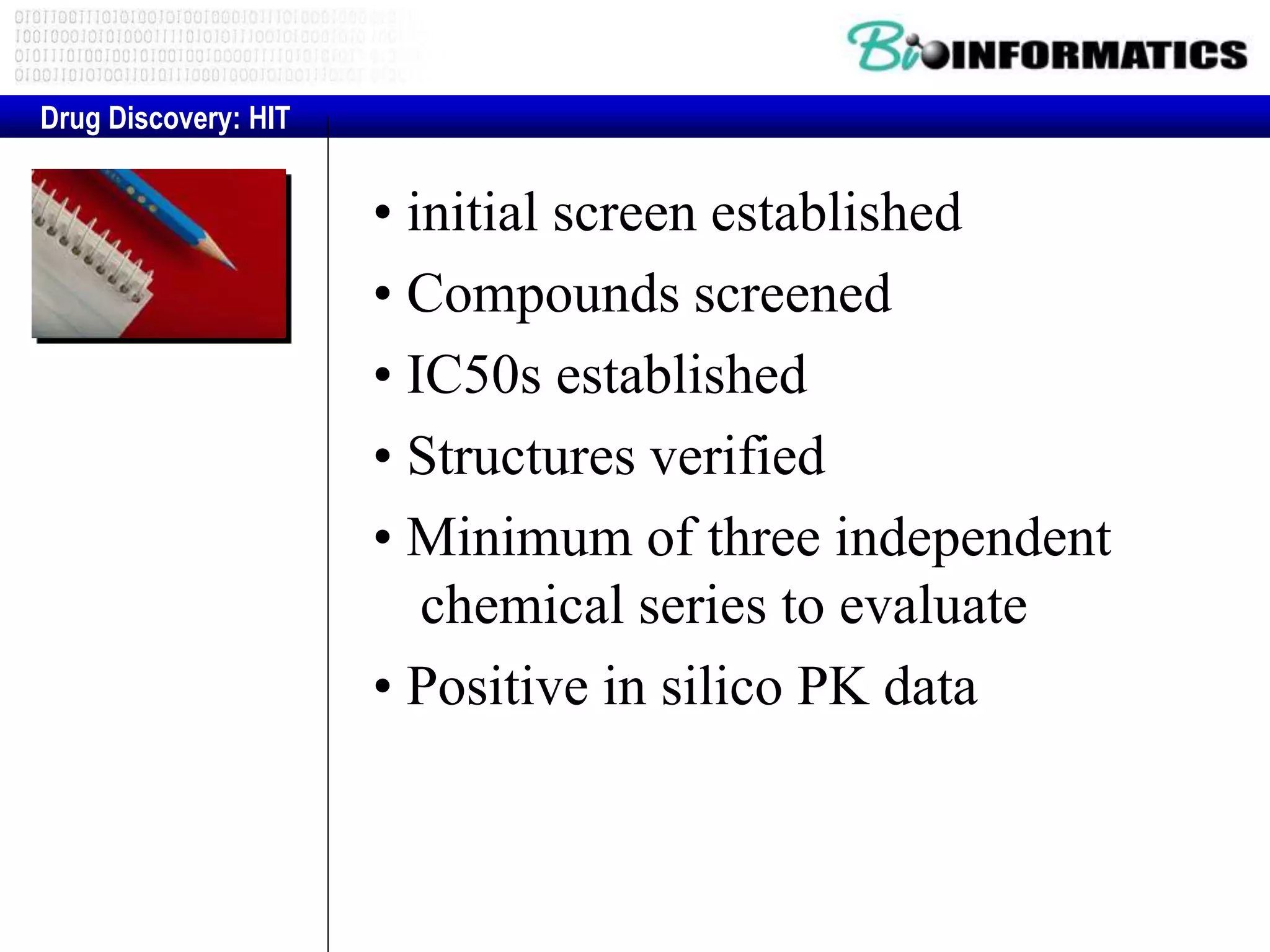 • initial screen established
• Compounds screened
• IC50s established
• Structures verified
• Minimum of three independent
chemical series to evaluate
• Positive in silico PK data
Drug Discovery: HIT
 