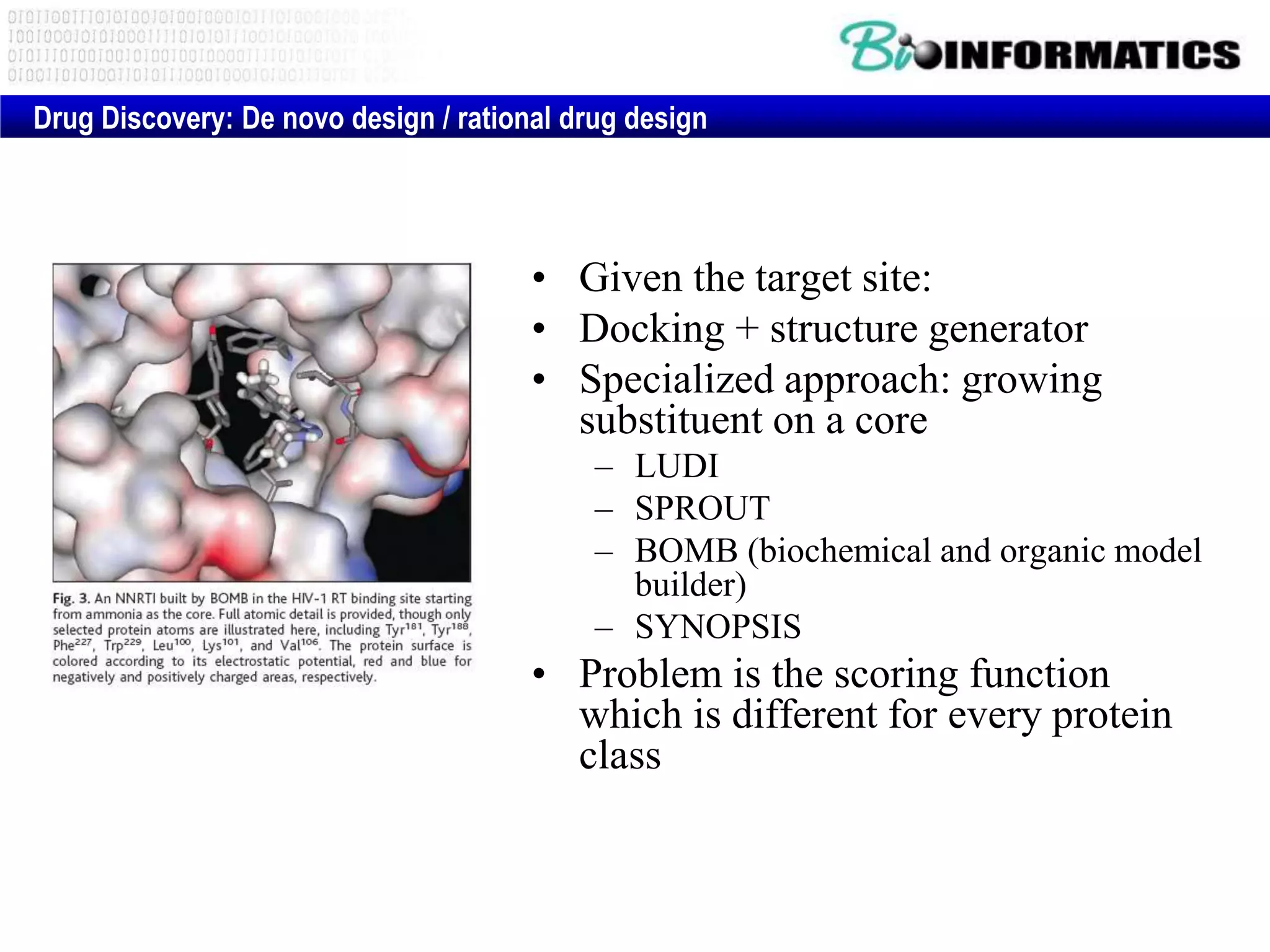 • Given the target site:
• Docking + structure generator
• Specialized approach: growing
substituent on a core
– LUDI
– SPROUT
– BOMB (biochemical and organic model
builder)
– SYNOPSIS
• Problem is the scoring function
which is different for every protein
class
Drug Discovery: De novo design / rational drug design
 
