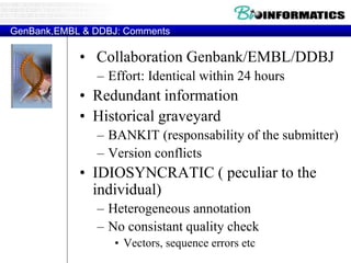 GenBank,EMBL & DDBJ: Comments
• Collaboration Genbank/EMBL/DDBJ
– Effort: Identical within 24 hours
• Redundant information
• Historical graveyard
– BANKIT (responsability of the submitter)
– Version conflicts
• IDIOSYNCRATIC ( peculiar to the
individual)
– Heterogeneous annotation
– No consistant quality check
• Vectors, sequence errors etc
 