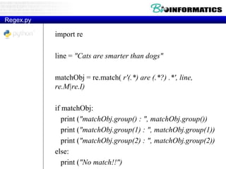 Regex.py
import re
line = "Cats are smarter than dogs"
matchObj = re.match( r'(.*) are (.*?) .*', line,
re.M|re.I)
if matchObj:
print ("matchObj.group() : ", matchObj.group())
print ("matchObj.group(1) : ", matchObj.group(1))
print ("matchObj.group(2) : ", matchObj.group(2))
else:
print ("No match!!")
 