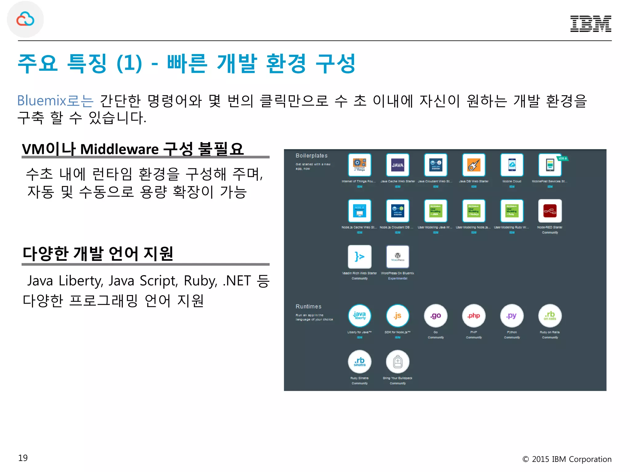 © 2015 IBM Corporation19
주요 특징 (1) - 빠른 개발 환경 구성
Bluemix로는 간단한 명령어와 몇 번의 클릭만으로 수 초 이내에 자신이 원하는 개발 환경을
구축 할 수 있습니다.
VM이나 Middleware 구성 불필요
수초 내에 런타임 환경을 구성해 주며,
자동 및 수동으로 용량 확장이 가능
다양한 개발 언어 지원
Java Liberty, Java Script, Ruby, .NET 등
다양한 프로그래밍 언어 지원
 