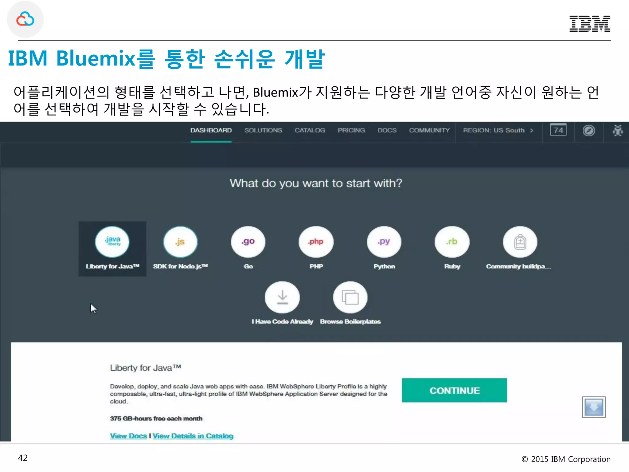 © 2015 IBM Corporation42
IBM Bluemix를 통한 손쉬운 개발
어플리케이션의 형태를 선택하고 나면, Bluemix가 지원하는 다양한 개발 언어중 자신이 원하는 언
어를 선택하여 개발을 시작할 수 있습니다.
 