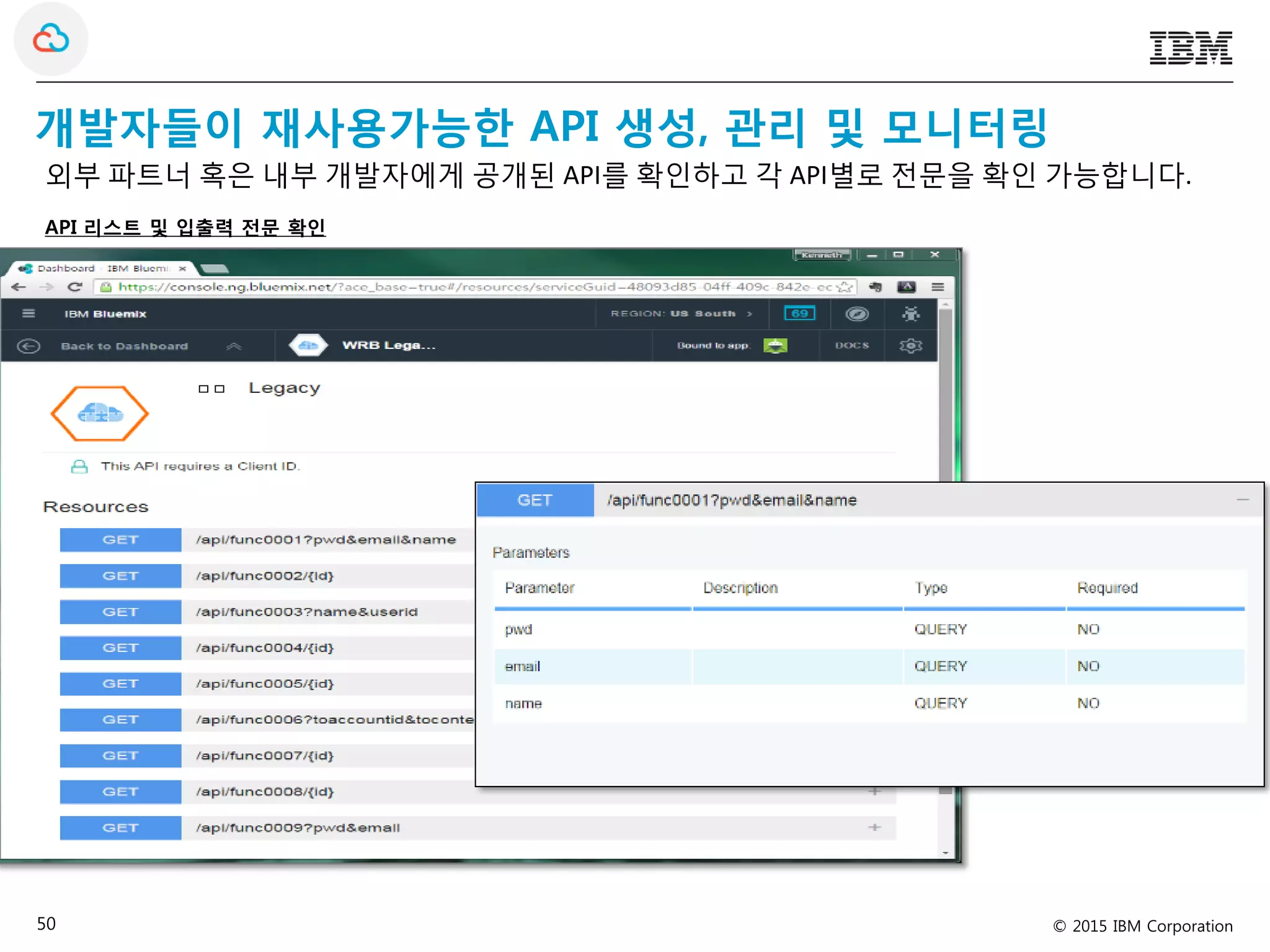 © 2015 IBM Corporation50
개발자들이 재사용가능한 API 생성, 관리 및 모니터링
외부 파트너 혹은 내부 개발자에게 공개된 API를 확인하고 각 API별로 전문을 확인 가능합니다.
API 리스트 및 입출력 전문 확인
ㅁㅁ
 