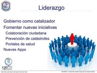 Jose Emilio Labra Gayo, http://www.di.uniovi.es/~labra
Liderazgo
Gobierno como catalizador
Fomentar nuevas iniciativas
Colaboración ciudadana
Prevención de catástrofes
Portales de salud
Nuevas Apps
 