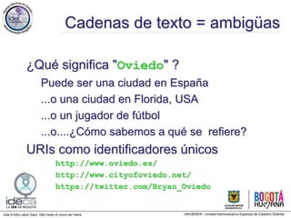 Jose Emilio Labra Gayo, http://www.di.uniovi.es/~labra
Cadenas de texto = ambigüas
¿Qué significa "Oviedo" ?
Puede ser una ciudad en España
...o una ciudad en Florida, USA
...o un jugador de fútbol
...o....¿Cómo sabemos a qué se refiere?
URIs como identificadores únicos
http://www.oviedo.es/
http://www.cityofoviedo.net/
https://twitter.com/Bryan_Oviedo
 
