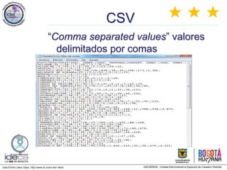 Jose Emilio Labra Gayo, http://www.di.uniovi.es/~labra
CSV
“Comma separated values” valores
delimitados por comas
★ ★ ★
 