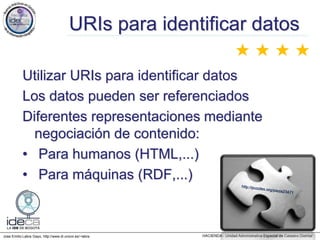 Jose Emilio Labra Gayo, http://www.di.uniovi.es/~labra
URIs para identificar datos
Utilizar URIs para identificar datos
Los datos pueden ser referenciados
Diferentes representaciones mediante
negociación de contenido:
• Para humanos (HTML,...)
• Para máquinas (RDF,...)
★ ★ ★ ★
 