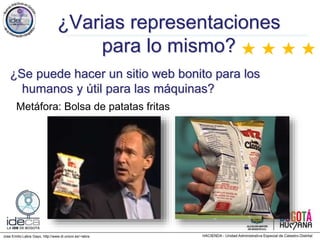 Jose Emilio Labra Gayo, http://www.di.uniovi.es/~labra
¿Varias representaciones
para lo mismo?
¿Se puede hacer un sitio web bonito para los
humanos y útil para las máquinas?
★ ★ ★ ★
Metáfora: Bolsa de patatas fritas
 