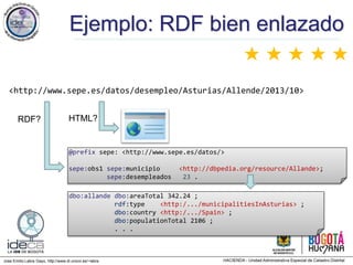 Jose Emilio Labra Gayo, http://www.di.uniovi.es/~labra
Ejemplo: RDF bien enlazado
★ ★ ★ ★ ★
<http://www.sepe.es/datos/desempleo/Asturias/Allende/2013/10>
HTML?
@prefix sepe: <http://www.sepe.es/datos/>
sepe:obs1 sepe:municipio <http://dbpedia.org/resource/Allande>;
sepe:desempleados 23 .
RDF?
dbo:allande dbo:areaTotal 342.24 ;
rdf:type <http:/.../municipalitiesInAsturias> ;
dbo:country <http:/.../Spain> ;
dbo:populationTotal 2106 ;
. . .
 
