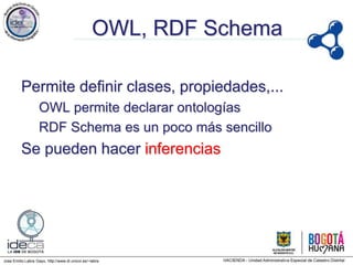 Jose Emilio Labra Gayo, http://www.di.uniovi.es/~labra
OWL, RDF Schema
Permite definir clases, propiedades,...
OWL permite declarar ontologías
RDF Schema es un poco más sencillo
Se pueden hacer inferencias
 