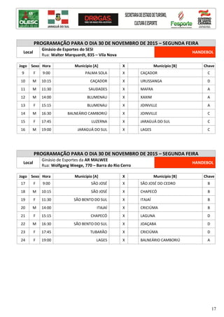 17
PROGRAMAÇÃO PARA O DIA 30 DE NOVEMBRO DE 2015 – SEGUNDA FEIRA
Local
Ginásio de Esportes do SESI
Rua: Walter Marquardt, 835 – Vila Nova
HANDEBOL
Jogo Sexo Hora Município [A] X Município [B] Chave
9 F 9:00 PALMA SOLA X CAÇADOR C
10 M 10:15 CAÇADOR X URUSSANGA D
11 M 11:30 SAUDADES X MAFRA A
12 M 14:00 BLUMENAU X XAXIM A
13 F 15:15 BLUMENAU X JOINVILLE A
14 M 16:30 BALNEÁRIO CAMBORIÚ X JOINVILLE C
15 F 17:45 LUZERNA X JARAGUÁ DO SUL C
16 M 19:00 JARAGUÁ DO SUL X LAGES C
PROGRAMAÇÃO PARA O DIA 30 DE NOVEMBRO DE 2015 – SEGUNDA FEIRA
Local
Ginásio de Esportes da AR MALWEE
Rua: Wolfgang Weege, 770 – Barra do Rio Cerro
HANDEBOL
Jogo Sexo Hora Município [A] X Município [B] Chave
17 F 9:00 SÃO JOSÉ X SÃO JOSÉ DO CEDRO B
18 M 10:15 SÃO JOSÉ X CHAPECÓ B
19 F 11:30 SÃO BENTO DO SUL X ITAJAÍ B
20 M 14:00 ITAJAÍ X CRICIÚMA B
21 F 15:15 CHAPECÓ X LAGUNA D
22 M 16:30 SÃO BENTO DO SUL X JOAÇABA D
23 F 17:45 TUBARÃO X CRICIÚMA D
24 F 19:00 LAGES X BALNEÁRIO CAMBORIÚ A
 