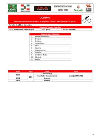 9
CICLISMO
Enviar relação por prova: e-mail – fcc.joi@terra.com.br – olesc@fesporte.sc.gov.br
Período: 01 a 03 de Novembro
Congresso Técnico Específico
Local: Auditório da Arena Jaraguá Data: 30.11 Horário: 15 horas
MASCULINO/ FEMININO
1 Balneário Camboriú
2 Brusque
3 Criciúma
4 Florianópolis
5 Itajaí
6 Itapema
7 Jaraguá do Sul
8 Joinville
9 São Bento do Sul
10 São José
11 Videira
Data Hora Prova Local
01.12
15 h
Cross Country
PARQUE MALWEETeam Relay (Revezamento)
02.12 Bicicross
03.12 Estrada
 