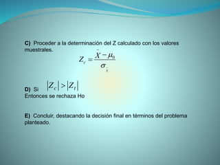 X
X
Zc





0
C) Proceder a la determinación del Z calculado con los valores
muestrales.
D) Si
Entonces se rechaza Ho
E) Concluir, destacando la decisión final en términos del problema
planteado.
tc ZZ 
 