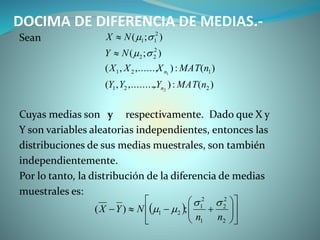 DOCIMA DE DIFERENCIA DE MEDIAS.-
Sean
Cuyas medias son y respectivamente. Dado que X y
Y son variables aleatorias independientes, entonces las
distribuciones de sus medias muestrales, son también
independientemente.
Por lo tanto, la distribución de la diferencia de medias
muestrales es:
)(:),,.........,(
)(:),......,,(
);(
);(
221
121
2
22
2
11
2
1
nMATYYY
nMATXXX
NY
NX
n
n




  












2
2
2
1
2
1
21 ;)(
nn
NYX


 