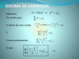 DOCIMA DE VARIANZAS
Sabemos;
De modo que;
O dicho de otro modo
Y
Consecuentemente
O sea;
2
)1(
1
2
1 
n
Z
2
)1(
2
)1,0( 









 

 x
N
x
  2
)1(
2
Z1;0  NZ
2
)1(
2
1








 

n
x
2
)1(
2
1







 
 n
n
Xx


2
)1(
2
1







 
 n
n
Xx


(1)
 