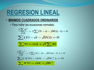 REGRESION LINEAL
MINIMOS CUADRADOS ORDINARIOS
 Para hallar las ecuaciones normales:
 


012
2
))(ˆˆ(
ˆ
XiYi
e


  XinYi  ˆˆ
  0)ˆˆ( XiYi 
 


0))(ˆˆ(2
ˆ
2
iXXiYi
e


  0)ˆˆ( 2
iXXXYi 
  2
XXXYi  ˆˆ
 