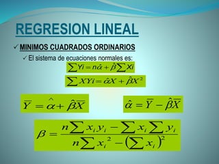 REGRESION LINEAL
MINIMOS CUADRADOS ORDINARIOS
 El sistema de ecuaciones normales es:
  XinYi  ˆˆ
  2ˆˆ XXXYi 
XY  ˆˆ XY  ˆ

 22





ii
iiii
xxn
yxyxn

 