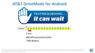 © 2015 AT&T Intellectual Property. All rights reserved. AT&T, the AT&T logo and all other marks contained herein are trademarks of AT&T Intellectual Property and/or AT&T affiliated companies. All other
marks contained herein are the property of their respective owners. Information contained herein is not an offer, commitment, representation or warranty by AT&T and is subject to change. Mention of a
specific company or entity is not an endorsement by AT&T.
AT&T DriveMode for Android
3 min
480 GPS connections/24hr
~20% Battery
 