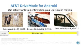 © 2015 AT&T Intellectual Property. All rights reserved. AT&T, the AT&T logo and all other marks contained herein are trademarks of AT&T Intellectual Property and/or AT&T affiliated companies. All other
marks contained herein are the property of their respective owners. Information contained herein is not an offer, commitment, representation or warranty by AT&T and is subject to change. Mention of a
specific company or entity is not an endorsement by AT&T.
AT&T DriveMode for Android
Use activity APIs to identify when your users are in motion
11 minute trace
DetectedActivity.IN_VEHICLEDetectedActivity.ON_BICYCLE:DetectedActivity.ON_FOOT:
http://commons.wikimedia.org/wiki/File:Baby_goats_jan_2007_crop.jpg
http://commons.wikimedia.org/wiki/File:Goat_in_a_car.jpg
http://commons.wikimedia.org/wiki/File:2009_goat_and_bicycle_in_India_6512003001.jpg
 