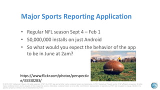 © 2015 AT&T Intellectual Property. All rights reserved. AT&T, the AT&T logo and all other marks contained herein are trademarks of AT&T Intellectual Property and/or AT&T affiliated companies. All other
marks contained herein are the property of their respective owners. Information contained herein is not an offer, commitment, representation or warranty by AT&T and is subject to change. Mention of a
specific company or entity is not an endorsement by AT&T.
Major Sports Reporting Application
• Regular NFL season Sept 4 – Feb 1
• 50,000,000 installs on just Android
• So what would you expect the behavior of the app
to be in June at 2am?
https://www.flickr.com/photos/perspectiv
e/33330283/
 