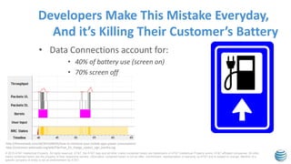 © 2015 AT&T Intellectual Property. All rights reserved. AT&T, the AT&T logo and all other marks contained herein are trademarks of AT&T Intellectual Property and/or AT&T affiliated companies. All other
marks contained herein are the property of their respective owners. Information contained herein is not an offer, commitment, representation or warranty by AT&T and is subject to change. Mention of a
specific company or entity is not an endorsement by AT&T.
Developers Make This Mistake Everyday,
And it’s Killing Their Customer’s Battery
• Data Connections account for:
• 40% of battery use (screen on)
• 70% screen off
http://thenextweb.com/dd/2013/08/05/how-to-minimize-your-mobile-apps-power-consumption/
http://commons.wikimedia.org/wiki/File:Free_EV_charge_station_sign_evinfra.svg
 