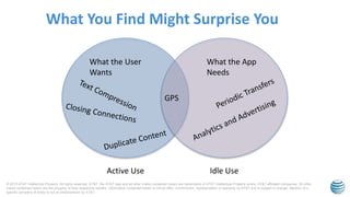 © 2015 AT&T Intellectual Property. All rights reserved. AT&T, the AT&T logo and all other marks contained herein are trademarks of AT&T Intellectual Property and/or AT&T affiliated companies. All other
marks contained herein are the property of their respective owners. Information contained herein is not an offer, commitment, representation or warranty by AT&T and is subject to change. Mention of a
specific company or entity is not an endorsement by AT&T.
What You Find Might Surprise You
Active Use Idle Use
What the User
Wants
What the App
Needs
GPS
 