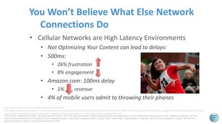 © 2015 AT&T Intellectual Property. All rights reserved. AT&T, the AT&T logo and all other marks contained herein are trademarks of AT&T Intellectual Property and/or AT&T affiliated companies. All other
marks contained herein are the property of their respective owners. Information contained herein is not an offer, commitment, representation or warranty by AT&T and is subject to change. Mention of a
specific company or entity is not an endorsement by AT&T.
• Cellular Networks are High Latency Environments
• Not Optimizing Your Content can lead to delays:
• 500ms:
• 26% frustration
• 8% engagement
• Amazon.com: 100ms delay
• 1% revenue
• 4% of mobile users admit to throwing their phones
You Won’t Believe What Else Network
Connections Do
http://www.flickr.com/photos/9009139@N08/1263954439
http://blog.radware.com/applicationdelivery/applicationaccelerationoptimization/2013/12/mobile-web-stress-the-impact-of-network-speed-on-emotional-engagement-and-brand-perception-report
http://www.mobilejoomla.com/mobile-joomla-blog/172-responsive-design-vs-server-side-solutions-infographic.html
 