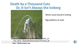 © 2015 AT&T Intellectual Property. All rights reserved. AT&T, the AT&T logo and all other marks contained herein are trademarks of AT&T Intellectual Property and/or AT&T affiliated companies. All other
marks contained herein are the property of their respective owners. Information contained herein is not an offer, commitment, representation or warranty by AT&T and is subject to change. Mention of a
specific company or entity is not an endorsement by AT&T.
Death by a Thousand Cuts
Or, It Isn’t Always the Iceberg
Minor issues found in testing
Big problems at scale
http://en.wikipedia.org/wiki/Hans_Brinker,_or
_The_Silver_Skates#mediaviewer/File:Hans_Br
inker_Madurodam.jpg
 