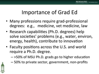 Importance	
  of	
  Grad	
  Ed	
  
•  Many	
  professions	
  require	
  grad-­‐professional	
  
degrees:	
  	
  e.g.,	
  	
  	
  medicine,	
  vet	
  medicine,	
  law	
  
•  Research	
  capabili+es	
  (Ph.D.	
  degrees)	
  help	
  
solve	
  socie+es’	
  problems	
  (e.g.,	
  water,	
  environ,	
  
energy,	
  health),	
  contribute	
  to	
  innova+on	
  
•  Faculty	
  posi+ons	
  across	
  the	
  U.S.	
  and	
  world	
  
require	
  a	
  Ph.D.	
  degree.	
  
– >50%	
  of	
  MSU	
  Ph.D.	
  grads	
  go	
  to	
  higher	
  educa+on	
  
– 50%	
  to	
  private	
  sector,	
  government,	
  non-­‐proﬁts	
  
 