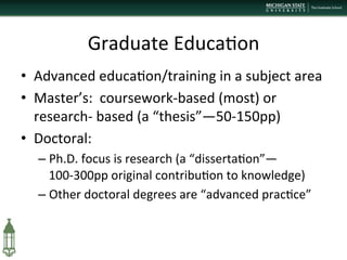 Graduate	
  Educa+on	
  
•  Advanced	
  educa+on/training	
  in	
  a	
  subject	
  area	
  
•  Master’s:	
  	
  coursework-­‐based	
  (most)	
  or	
  
research-­‐	
  based	
  (a	
  “thesis”—50-­‐150pp)	
  
•  Doctoral:	
  	
  
– Ph.D.	
  focus	
  is	
  research	
  (a	
  “disserta+on”—
100-­‐300pp	
  original	
  contribu+on	
  to	
  knowledge)	
  
– Other	
  doctoral	
  degrees	
  are	
  “advanced	
  prac+ce”	
  
	
  
	
  
	
  
 
