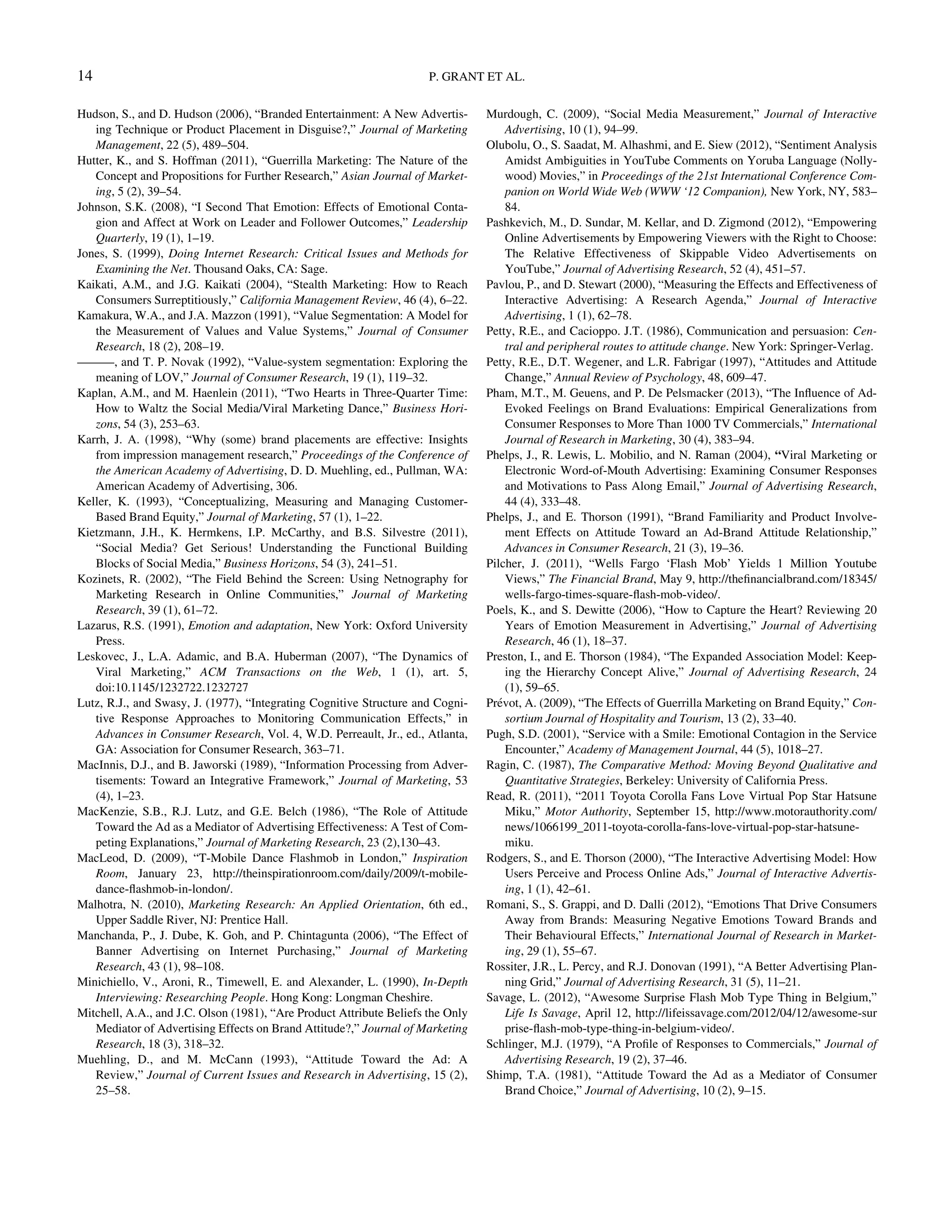 Hudson, S., and D. Hudson (2006), “Branded Entertainment: A New Advertis-
ing Technique or Product Placement in Disguise?,” Journal of Marketing
Management, 22 (5), 489–504.
Hutter, K., and S. Hoffman (2011), “Guerrilla Marketing: The Nature of the
Concept and Propositions for Further Research,” Asian Journal of Market-
ing, 5 (2), 39–54.
Johnson, S.K. (2008), “I Second That Emotion: Effects of Emotional Conta-
gion and Affect at Work on Leader and Follower Outcomes,” Leadership
Quarterly, 19 (1), 1–19.
Jones, S. (1999), Doing Internet Research: Critical Issues and Methods for
Examining the Net. Thousand Oaks, CA: Sage.
Kaikati, A.M., and J.G. Kaikati (2004), “Stealth Marketing: How to Reach
Consumers Surreptitiously,” California Management Review, 46 (4), 6–22.
Kamakura, W.A., and J.A. Mazzon (1991), “Value Segmentation: A Model for
the Measurement of Values and Value Systems,” Journal of Consumer
Research, 18 (2), 208–19.
———, and T. P. Novak (1992), “Value-system segmentation: Exploring the
meaning of LOV,” Journal of Consumer Research, 19 (1), 119–32.
Kaplan, A.M., and M. Haenlein (2011), “Two Hearts in Three-Quarter Time:
How to Waltz the Social Media/Viral Marketing Dance,” Business Hori-
zons, 54 (3), 253–63.
Karrh, J. A. (1998), “Why (some) brand placements are effective: Insights
from impression management research,” Proceedings of the Conference of
the American Academy of Advertising, D. D. Muehling, ed., Pullman, WA:
American Academy of Advertising, 306.
Keller, K. (1993), “Conceptualizing, Measuring and Managing Customer-
Based Brand Equity,” Journal of Marketing, 57 (1), 1–22.
Kietzmann, J.H., K. Hermkens, I.P. McCarthy, and B.S. Silvestre (2011),
“Social Media? Get Serious! Understanding the Functional Building
Blocks of Social Media,” Business Horizons, 54 (3), 241–51.
Kozinets, R. (2002), “The Field Behind the Screen: Using Netnography for
Marketing Research in Online Communities,” Journal of Marketing
Research, 39 (1), 61–72.
Lazarus, R.S. (1991), Emotion and adaptation, New York: Oxford University
Press.
Leskovec, J., L.A. Adamic, and B.A. Huberman (2007), “The Dynamics of
Viral Marketing,” ACM Transactions on the Web, 1 (1), art. 5,
doi:10.1145/1232722.1232727
Lutz, R.J., and Swasy, J. (1977), “Integrating Cognitive Structure and Cogni-
tive Response Approaches to Monitoring Communication Effects,” in
Advances in Consumer Research, Vol. 4, W.D. Perreault, Jr., ed., Atlanta,
GA: Association for Consumer Research, 363–71.
MacInnis, D.J., and B. Jaworski (1989), “Information Processing from Adver-
tisements: Toward an Integrative Framework,” Journal of Marketing, 53
(4), 1–23.
MacKenzie, S.B., R.J. Lutz, and G.E. Belch (1986), “The Role of Attitude
Toward the Ad as a Mediator of Advertising Effectiveness: A Test of Com-
peting Explanations,” Journal of Marketing Research, 23 (2),130–43.
MacLeod, D. (2009), “T-Mobile Dance Flashmob in London,” Inspiration
Room, January 23, http://theinspirationroom.com/daily/2009/t-mobile-
dance-ﬂashmob-in-london/.
Malhotra, N. (2010), Marketing Research: An Applied Orientation, 6th ed.,
Upper Saddle River, NJ: Prentice Hall.
Manchanda, P., J. Dube, K. Goh, and P. Chintagunta (2006), “The Effect of
Banner Advertising on Internet Purchasing,” Journal of Marketing
Research, 43 (1), 98–108.
Minichiello, V., Aroni, R., Timewell, E. and Alexander, L. (1990), In-Depth
Interviewing: Researching People. Hong Kong: Longman Cheshire.
Mitchell, A.A., and J.C. Olson (1981), “Are Product Attribute Beliefs the Only
Mediator of Advertising Effects on Brand Attitude?,” Journal of Marketing
Research, 18 (3), 318–32.
Muehling, D., and M. McCann (1993), “Attitude Toward the Ad: A
Review,” Journal of Current Issues and Research in Advertising, 15 (2),
25–58.
Murdough, C. (2009), “Social Media Measurement,” Journal of Interactive
Advertising, 10 (1), 94–99.
Olubolu, O., S. Saadat, M. Alhashmi, and E. Siew (2012), “Sentiment Analysis
Amidst Ambiguities in YouTube Comments on Yoruba Language (Nolly-
wood) Movies,” in Proceedings of the 21st International Conference Com-
panion on World Wide Web (WWW ‘12 Companion), New York, NY, 583–
84.
Pashkevich, M., D. Sundar, M. Kellar, and D. Zigmond (2012), “Empowering
Online Advertisements by Empowering Viewers with the Right to Choose:
The Relative Effectiveness of Skippable Video Advertisements on
YouTube,” Journal of Advertising Research, 52 (4), 451–57.
Pavlou, P., and D. Stewart (2000), “Measuring the Effects and Effectiveness of
Interactive Advertising: A Research Agenda,” Journal of Interactive
Advertising, 1 (1), 62–78.
Petty, R.E., and Cacioppo. J.T. (1986), Communication and persuasion: Cen-
tral and peripheral routes to attitude change. New York: Springer-Verlag.
Petty, R.E., D.T. Wegener, and L.R. Fabrigar (1997), “Attitudes and Attitude
Change,” Annual Review of Psychology, 48, 609–47.
Pham, M.T., M. Geuens, and P. De Pelsmacker (2013), “The Inﬂuence of Ad-
Evoked Feelings on Brand Evaluations: Empirical Generalizations from
Consumer Responses to More Than 1000 TV Commercials,” International
Journal of Research in Marketing, 30 (4), 383–94.
Phelps, J., R. Lewis, L. Mobilio, and N. Raman (2004), “Viral Marketing or
Electronic Word-of-Mouth Advertising: Examining Consumer Responses
and Motivations to Pass Along Email,” Journal of Advertising Research,
44 (4), 333–48.
Phelps, J., and E. Thorson (1991), “Brand Familiarity and Product Involve-
ment Effects on Attitude Toward an Ad-Brand Attitude Relationship,”
Advances in Consumer Research, 21 (3), 19–36.
Pilcher, J. (2011), “Wells Fargo ‘Flash Mob’ Yields 1 Million Youtube
Views,” The Financial Brand, May 9, http://theﬁnancialbrand.com/18345/
wells-fargo-times-square-ﬂash-mob-video/.
Poels, K., and S. Dewitte (2006), “How to Capture the Heart? Reviewing 20
Years of Emotion Measurement in Advertising,” Journal of Advertising
Research, 46 (1), 18–37.
Preston, I., and E. Thorson (1984), “The Expanded Association Model: Keep-
ing the Hierarchy Concept Alive,” Journal of Advertising Research, 24
(1), 59–65.
Prevot, A. (2009), “The Effects of Guerrilla Marketing on Brand Equity,” Con-
sortium Journal of Hospitality and Tourism, 13 (2), 33–40.
Pugh, S.D. (2001), “Service with a Smile: Emotional Contagion in the Service
Encounter,” Academy of Management Journal, 44 (5), 1018–27.
Ragin, C. (1987), The Comparative Method: Moving Beyond Qualitative and
Quantitative Strategies, Berkeley: University of California Press.
Read, R. (2011), “2011 Toyota Corolla Fans Love Virtual Pop Star Hatsune
Miku,” Motor Authority, September 15, http://www.motorauthority.com/
news/1066199_2011-toyota-corolla-fans-love-virtual-pop-star-hatsune-
miku.
Rodgers, S., and E. Thorson (2000), “The Interactive Advertising Model: How
Users Perceive and Process Online Ads,” Journal of Interactive Advertis-
ing, 1 (1), 42–61.
Romani, S., S. Grappi, and D. Dalli (2012), “Emotions That Drive Consumers
Away from Brands: Measuring Negative Emotions Toward Brands and
Their Behavioural Effects,” International Journal of Research in Market-
ing, 29 (1), 55–67.
Rossiter, J.R., L. Percy, and R.J. Donovan (1991), “A Better Advertising Plan-
ning Grid,” Journal of Advertising Research, 31 (5), 11–21.
Savage, L. (2012), “Awesome Surprise Flash Mob Type Thing in Belgium,”
Life Is Savage, April 12, http://lifeissavage.com/2012/04/12/awesome-sur
prise-ﬂash-mob-type-thing-in-belgium-video/.
Schlinger, M.J. (1979), “A Proﬁle of Responses to Commercials,” Journal of
Advertising Research, 19 (2), 37–46.
Shimp, T.A. (1981), “Attitude Toward the Ad as a Mediator of Consumer
Brand Choice,” Journal of Advertising, 10 (2), 9–15.
14 P. GRANT ET AL.
Downloadedby[157.253.248.63]at12:0513April2015
 