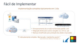 Fácil de Implementar
Barracuda Message Archiver
Cloud Relay
“É ridiculamente simples. Barracuda: mantenha assim.”
- System Administrator, Millennium Technologies, LLC
Implementação completa tipicamente em 1 dia
• Armazenamento de e-mails no formado padrão .eml
• Migração direta para outras soluções via .eml ou .pst
• Backup simplificado para proteção dos dados arquivados
 