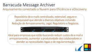Ideal para empresas que estão buscando reduzir custos de e-mail e
armazenamento, aumentar aprodutividade dos colaboradores e
atender asnecessidades legais ede regulamentação
Repositório de e-mails centralizado, extensível, seguro e
pesquisável que atende adiversos objetivos incluindo
Redução de Armazenamento, Legal, Regulatório e Negócios.
Barracuda Message Archiver
Arquivamento conectado a Nuvem para Eficiência e eDiscovery
 