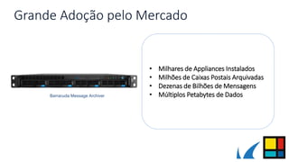 Grande Adoção pelo Mercado
Barracuda Message Archiver
• Milhares de Appliances Instalados
• Milhões de Caixas Postais Arquivadas
• Dezenas de Bilhões de Mensagens
• Múltiplos Petabytes de Dados
 