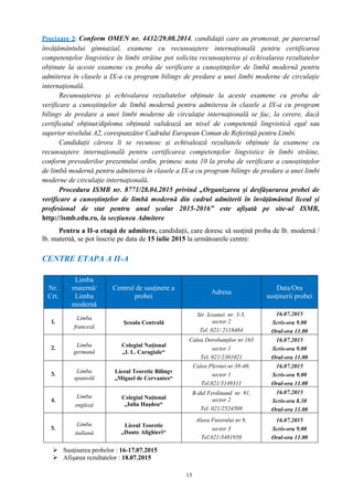 15
Precizare 2: Conform OMEN nr. 4432/29.08.2014, candidaţii care au promovat, pe parcursul
învățământului gimnazial, examene cu recunoaștere internațională pentru certificarea
competențelor lingvistice în limbi străine pot solicita recunoașterea și echivalarea rezultatelor
obținute la aceste examene cu proba de verificare a cunoștințelor de limbă modernă pentru
admiterea în clasele a IX-a cu program bilingv de predare a unei limbi moderne de circulaţie
internaţională.
Recunoașterea și echivalarea rezultatelor obținute la aceste examene cu proba de
verificare a cunoștințelor de limbă modernă pentru admiterea în clasele a IX-a cu program
bilingv de predare a unei limbi moderne de circulaţie internaţională se fac, la cerere, dacă
certificatul obținut/diploma obținută validează un nivel de competență lingvistică egal sau
superior nivelului A2, corespunzător Cadrului European Comun de Referință pentru Limbi.
Candidații cărora li se recunosc și echivalează rezultatele obținute la examene cu
recunoaștere internațională pentru certificarea competențelor lingvistice în limbi străine,
conform prevederilor prezentului ordin, primesc nota 10 la proba de verificare a cunoștințelor
de limbă modernă pentru admiterea în clasele a IX-a cu program bilingv de predare a unei limbi
moderne de circulaţie internaţională.
Procedura ISMB nr. 8771/28.04.2015 privind „Organizarea și desfășurarea probei de
verificare a cunoștințelor de limbă modernă din cadrul admiterii în învățământul liceal și
profesional de stat pentru anul școlar 2015-2016” este afișată pe site-ul ISMB,
http://ismb.edu.ro, la secțiunea Admitere
Pentru a II-a etapă de admitere, candidaţii, care doresc să susţină proba de lb. modernă /
lb. maternă, se pot înscrie pe data de 15 iulie 2015 la următoarele centre:
CENTRE ETAPA A II-A
Nr.
Crt.
Limba
maternă/
Limba
modernă
Centrul de susţinere a
probei
Adresa
Data/Ora
susţinerii probei
1.
Limba
franceză
Şcoala Centrală
Str. Icoanei nr. 3-5,
sector 2
Tel. 021/ 2118484
16.07.2015
Scris-ora 9.00
Oral-ora 11.00
2. Limba
germană
Colegiul Naţional
„I. L. Caragiale“
Calea Dorobanţilor nr.163
sector 1
Tel. 021/2301021
16.07.2015
Scris-ora 9.00
Oral-ora 11.00
3. Limba
spaniolă
Liceul Teoretic Bilingv
„Miguel de Cervantes“
Calea Plevnei nr.38-40,
sector 1
Tel.021/3149311
16.07.2015
Scris-ora 9.00
Oral-ora 11.00
4.
Limba
engleză
Colegiul Naţional
„Iulia Haşdeu“
B-dul Ferdinand nr. 91,
sector 2
Tel. 021/2524508
16.07.2015
Scris-ora 8.30
Oral-ora 11.00
5.
Limba
italiană
Liceul Teoretic
„Dante Alighieri“
Aleea Fuiorului nr.9,
sector 3
Tel.021/3481950
16.07.2015
Scris-ora 9.00
Oral-ora 11.00
 Susţinerea probelor : 16-17.07.2015
 Afişarea rezultatelor : 18.07.2015
 