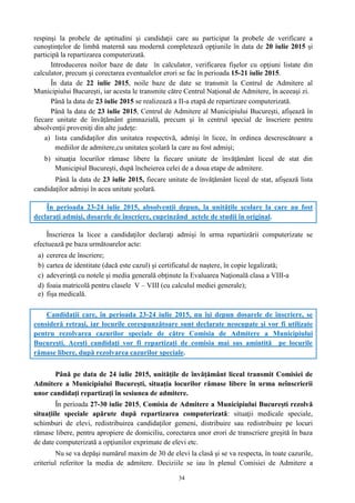 34
respinşi la probele de aptitudini şi candidaţii care au participat la probele de verificare a
cunoştinţelor de limbă maternă sau modernă completează opţiunile în data de 20 iulie 2015 şi
participă la repartizarea computerizată.
Introducerea noilor baze de date în calculator, verificarea fişelor cu opţiuni listate din
calculator, precum şi corectarea eventualelor erori se fac în perioada 15-21 iulie 2015.
În data de 22 iulie 2015, noile baze de date se transmit la Centrul de Admitere al
Municipiului Bucureşti, iar acesta le transmite către Centrul Naţional de Admitere, în aceeaşi zi.
Până la data de 23 iulie 2015 se realizează a II-a etapă de repartizare computerizată.
Până la data de 23 iulie 2015, Centrul de Admitere al Municipiului Bucureşti, afişează în
fiecare unitate de învăţământ gimnazială, precum şi în centrul special de înscriere pentru
absolvenţii proveniţi din alte judeţe:
a) lista candidaţilor din unitatea respectivă, admişi în licee, în ordinea descrescătoare a
mediilor de admitere,cu unitatea şcolară la care au fost admişi;
b) situaţia locurilor rămase libere la fiecare unitate de învăţământ liceal de stat din
Municipiul Bucureşti, după încheierea celei de a doua etape de admitere.
Până la data de 23 iulie 2015, fiecare unitate de învăţământ liceal de stat, afişează lista
candidaţilor admişi în acea unitate şcolară.
În perioada 23-24 iulie 2015, absolvenţii depun, la unităţile şcolare la care au fost
declaraţi admişi, dosarele de înscriere, cuprinzând actele de studii în original.
Înscrierea la licee a candidaţilor declaraţi admişi în urma repartizării computerizate se
efectuează pe baza următoarelor acte:
a) cererea de înscriere;
b) cartea de identitate (dacă este cazul) şi certificatul de naştere, în copie legalizată;
c) adeverinţă cu notele şi media generală obţinute la Evaluarea Naţională clasa a VIII-a
d) foaia matricolă pentru clasele V – VIII (cu calculul mediei generale);
e) fişa medicală.
Candidaţii care, în perioada 23-24 iulie 2015, nu îşi depun dosarele de înscriere, se
consideră retraşi, iar locurile corespunzătoare sunt declarate neocupate şi vor fi utilizate
pentru rezolvarea cazurilor speciale de către Comisia de Admitere a Municipiului
Bucureşti. Aceşti candidaţi vor fi repartizaţi de comisia mai sus amintită pe locurile
rămase libere, după rezolvarea cazurilor speciale.
Până pe data de 24 iulie 2015, unităţile de învăţământ liceal transmit Comisiei de
Admitere a Municipiului Bucureşti, situaţia locurilor rămase libere în urma neînscrierii
unor candidaţi repartizaţi în sesiunea de admitere.
În perioada 27-30 iulie 2015, Comisia de Admitere a Municipiului Bucureşti rezolvă
situaţiile speciale apărute după repartizarea computerizată: situaţii medicale speciale,
schimburi de elevi, redistribuirea candidaţilor gemeni, distribuire sau redistribuire pe locuri
rămase libere, pentru apropiere de domiciliu, corectarea unor erori de transcriere greşită în baza
de date computerizată a opţiunilor exprimate de elevi etc.
Nu se va depăşi numărul maxim de 30 de elevi la clasă şi se va respecta, în toate cazurile,
criteriul referitor la media de admitere. Deciziile se iau în plenul Comisiei de Admitere a
 