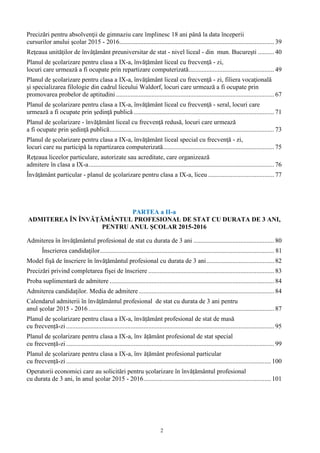 2
Precizări pentru absolvenţii de gimnaziu care împlinesc 18 ani până la data începerii
cursurilor anului şcolar 2015 - 2016................................................................................................ 39
Reţeaua unităţilor de învăţământ preuniversitar de stat - nivel liceal - din mun. Bucureşti .......... 40
Planul de şcolarizare pentru clasa a IX-a, învăţământ liceal cu frecvenţă - zi,
locuri care urmează a fi ocupate prin repartizare computerizată..................................................... 49
Planul de şcolarizare pentru clasa a IX-a, învăţământ liceal cu frecvenţă - zi, filiera vocaţională
şi specializarea filologie din cadrul liceului Waldorf, locuri care urmează a fi ocupate prin
promovarea probelor de aptitudini .................................................................................................. 67
Planul de şcolarizare pentru clasa a IX-a, învăţământ liceal cu frecvenţă - seral, locuri care
urmează a fi ocupate prin şedinţă publică ....................................................................................... 71
Planul de şcolarizare - învăţământ liceal cu frecvenţă redusă, locuri care urmează
a fi ocupate prin şedinţă publică...................................................................................................... 73
Planul de şcolarizare pentru clasa a IX-a, învăţământ liceal special cu frecvenţă - zi,
locuri care nu participă la repartizarea computerizată..................................................................... 75
Reţeaua liceelor particulare, autorizate sau acreditate, care organizează
admitere în clasa a IX-a................................................................................................................... 76
Învăţământ particular - planul de şcolarizare pentru clasa a IX-a, liceu ......................................... 77
PARTEA a II-a
ADMITEREA ÎN ÎNVĂȚĂMÂNTUL PROFESIONAL DE STAT CU DURATA DE 3 ANI,
PENTRU ANUL ȘCOLAR 2015-2016
Admiterea în învăţământul profesional de stat cu durata de 3 ani .................................................. 80
Înscrierea candidaţilor............................................................................................................ 81
Model fişă de înscriere în învăţământul profesional cu durata de 3 ani.......................................... 82
Precizări privind completarea fişei de înscriere .............................................................................. 83
Proba suplimentară de admitere ...................................................................................................... 84
Admiterea candidaţilor. Media de admitere.................................................................................... 84
Calendarul admiterii în învăţământul profesional de stat cu durata de 3 ani pentru
anul şcolar 2015 - 2016 ................................................................................................................... 87
Planul de școlarizare pentru clasa a IX-a, învățământ profesional de stat de masă
cu frecvență-zi ................................................................................................................................. 95
Planul de școlarizare pentru clasa a IX-a, înv ățământ profesional de stat special
cu frecvență-zi ................................................................................................................................. 99
Planul de școlarizare pentru clasa a IX-a, înv ățământ profesional particular
cu frecvență-zi ............................................................................................................................... 100
Operatorii economici care au solicitări pentru școlarizare în învățământul profesional
cu durata de 3 ani, în anul școlar 2015 - 2016............................................................................... 101
 