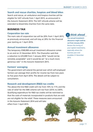 Search and rescue charities, hospices and blood bikes
Search and rescue, air ambulance and hospice charities will be
eligible for VAT refunds from 1 April 2015, as announced in
the Autumn Statement 2014. The VAT refunds scheme will be
extended to blood bike charities from the same date.
BUSINESS TAX
Corporation tax rate
The main rate of corporation tax will be 20% from 1 April 2015,
as previously announced, and will stay at 20% for the financial
year starting on 1 April 2016.
Annual investment allowance
The temporary £500,000 annual investment allowance comes
to an end on 31 December 2015. The Chancellor said that
a reduction to £25,000 from 1 January 2016 “would not be
remotely acceptable” and it would be set “at a much more
generous rate” in the Autumn Statement 2015.
Farmers’ averaging
The government will extend the period over which self-employed
farmers can average their profits for income tax from two years
to five years from April 2016. The details will be subject to
consultation.
Research and development (R&D) tax credits
The above-the-line R&D credit will rise from 10% to 11% and the
rate of relief for the SME scheme will rise from 225% to 230%.
Qualifying expenditure for R&D tax credits will be restricted so
that the costs of materials incorporated in products that are sold
are not eligible for the relief. These measures were announced
in the Autumn Statement 2014 and will take
effect from 1 April 2015.
BUDget 18 March 2015
think ahead
The annual investment
allowance might well be
cut from January 2016.
Review the timing of
your capital investments,
especially where the
business year end
straddles 31 December
2015.
>
page 11
 
