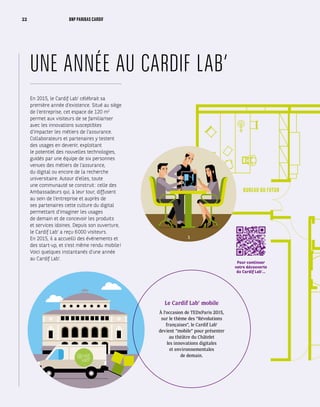 BUREAU DU FUTUR
UNE ANNÉE AU CARDIF LAB’
En 2015, le Cardif Lab’ célébrait sa
première année d’existence. Situé au siège
de l’entreprise, cet espace de 120 m2
permet aux visiteurs de se familiariser
avec les innovations susceptibles
d’impacter les métiers de l’assurance.
Collaborateurs et partenaires y testent
des usages en devenir, exploitant
le potentiel des nouvelles technologies,
guidés par une équipe de six personnes
venues des métiers de l’assurance,
du digital ou encore de la recherche
universitaire. Autour d’elles, toute
une communauté se construit : celle des
Ambassadeurs qui, à leur tour, diffusent
au sein de l’entreprise et auprès de
ses partenaires cette culture du digital
permettant d’imaginer les usages
de demain et de concevoir les produits
et services idoines. Depuis son ouverture,
le Cardif Lab’ a reçu 6 000 visiteurs.
En 2015, il a accueilli des événements et
des start-up, et s’est même rendu mobile !
Voici quelques instantanés d’une année
au Cardif Lab’.
Le Cardif Lab’ mobile
À l’occasion de TEDxParis 2015,
sur le thème des “Révolutions
françaises”, le Cardif Lab’
devient “mobile” pour présenter
au théâtre du Châtelet
les innovations digitales
et environnementales
de demain.
Pour continuer
votre découverte
du Cardif Lab’…
1
22 BNP PARIBAS CARDIF
 