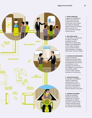 SAS D’ENTRÉE
BIOMÉTRIQUE
DO IT
YOURSELF
NOUVELLES
INTERFACES
MUR
D’INFORMATIONS
OBJETS CONNECTÉS
ROBOTS
RÉSEAUX SOCIAUX
NOUVEAUX
USAGES
ACCUEIL
3	 Formation des Ambassadeurs
En 2015, un réseau de
collaborateurs de BNP Paribas
Cardif a été formé pour devenir
les Ambassadeurs du Cardif Lab’
et faire découvrir ce lieu
d’échange et de découverte à
leurs collègues et aux partenaires
de l’entreprise, prélude
à la mise en place de projets
innovants en co-construction.
4	 Visite d’un partenaire
En septembre, une délégation
coréenne, composée de
représentants de la KLIA
(Association d’assurance vie
de Corée) et de journalistes,
découvrait le Cardif Lab’ et y
testait les dernières innovations.
5	 Simulateur de conduite
Exemple des possibilités
d’expérience personnelle
proposées par le Cardif Lab’,
un simulateur de conduite
assorti d’un casque de réalité
virtuelle Oculus Rift, permet
au visiteur de tester les effets
de la conduite en état d’ébriété.
2	 Bien vieillir demain
Le 5 novembre, une soixantaine
de visiteurs, chercheurs,
sociologues et experts
découvraient les innovations
digitales qui révolutionneront
le “bien vieillir” de demain
dans un Cardif Lab’ dédié à
quatre thématiques : la mobilité,
l’interactivité, la santé et l’habitat.
1	 Atelier collaboratif
Cinquante-six collaborateurs
de BNP Paribas Cardif ont
travaillé dans les bureaux
du futur pour créer et monter
leur propre box domotique
(capteurs d’ouverture de porte,
prises connectées, etc.),
qu’ils ont ensuite pu installer
et tester chez eux.
2 3
4
5
Rapport d’activité 2015 23
 