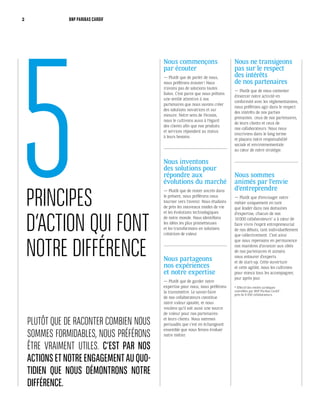 PLUTÔT QUE DE RACONTER COMBIEN NOUS
SOMMES FORMIDABLES, NOUS PRÉFÉRONS
ÊTRE VRAIMENT UTILES. C’EST PAR NOS
ACTIONSETNOTREENGAGEMENTAUQUO-
TIDIEN QUE NOUS DÉMONTRONS NOTRE
DIFFÉRENCE.
5PRINCIPES
D’ACTION QUI FONT
NOTRE DIFFÉRENCE
Nous commençons
par écouter
— Plutôt que de parler de nous,
nous préférons écouter ! Nous
n’avons pas de solutions toutes
faites. C’est parce que nous prêtons
une oreille attentive à nos
partenaires que nous savons créer
des solutions novatrices et sur
mesure. Notre sens de l’écoute,
nous le cultivons aussi à l’égard
des clients afin que nos produits
et services répondent au mieux
à leurs besoins.
Nous inventons
des solutions pour
répondre aux
évolutions du marché
— Plutôt que de rester ancrés dans
le présent, nous préférons nous
tourner vers l’avenir. Nous étudions
de près les nouveaux modes de vie
et les évolutions technologiques
de notre monde. Nous identifions
les idées les plus prometteuses
et les transformons en solutions
créatrices de valeur.
Nous partageons
nos expériences
et notre expertise
— Plutôt que de garder notre
expertise pour nous, nous préférons
la transmettre. Le savoir-faire
de nos collaborateurs constitue
notre valeur ajoutée, et nous
voulons qu’il soit aussi une source
de valeur pour nos partenaires
et leurs clients. Nous sommes
persuadés que c’est en échangeant
ensemble que nous ferons évoluer
notre métier.
Nous ne transigeons
pas sur le respect
des intérêts
de nos partenaires
— Plutôt que de nous contenter
d’exercer notre activité en
conformité avec les réglementations,
nous préférons agir dans le respect
des intérêts de nos parties
prenantes : ceux de nos partenaires,
de leurs clients et ceux de
nos collaborateurs. Nous nous
inscrivons dans le long terme
et plaçons notre responsabilité
sociale et environnementale
au cœur de notre stratégie.
Nous sommes
animés par l’envie
d’entreprendre
— Plutôt que d’envisager notre
métier uniquement en tant
que leader dans nos domaines
d’expertise, chacun de nos 
10 000  collaborateurs*
a à cœur de
faire vivre l’esprit entrepreneurial
de nos débuts, tant individuellement
que collectivement. C’est ainsi
que nous repensons en permanence
nos manières d’avancer aux côtés
de nos partenaires et aimons
nous entourer d’experts
et de start-up. Cette ouverture
et cette agilité, nous les cultivons
pour mieux tous les accompagner,
jour après jour.
* Effectif des entités juridiques
contrôlées par BNP Paribas Cardif :
près de 8 000 collaborateurs.
2 BNP PARIBAS CARDIF
 