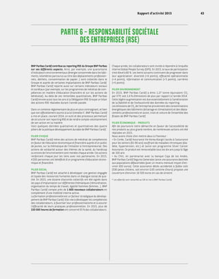 PARTIE 6 – RESPONSABILITÉ SOCIÉTALE
DES ENTREPRISES (RSE)
BNP Paribas Cardif contribue au reporting RSE du Groupe BNP Paribas
sur ses différents aspects. Ainsi, par exemple, une quarantaine
d’indicateurs environnementaux (énergie consommée dans les bâti-
ments, kilomètres parcourus au titre des déplacements profession-
nels, déchets, consommation de papier...) sont collectés dans le
Groupe et auprès de certaines implantations de BNP Paribas Cardif.
BNP Paribas Cardif reporte aussi sur certains indicateurs sociaux
et sociétaux (par exemple, sur les programmes de mécénat de com-
pétences en matière d’éducation financière et sur les actions de
bénévolat). Au-delà de ces remontées quantitatives, BNP Paribas
Cardif envoie aussi tous les ans à la Délégation RSE Groupe un bilan
des actions RSE réalisées durant l’année passée.
Dans un contexte réglementaire de plus en plus contraignant, et bien
que non officiellement soumis à la loi Grenelle II*
, BNP Paribas Cardif
a mis en place, courant 2014, un outil et des processus permettant
de structurer son reporting RSE et de rendre compte volontairement
de son action en la matière.
Voici quelques données qualitatives et quantitatives des quatre
piliers de la politique développement durable de BNP Paribas Cardif :
PILIER CIVIQUE
BNP Paribas Cardif mène des actions de mécénat de compétences
en faveur de l’éducation économique et financière auprès d’un public
de jeunes, sur la thématique de l’initiation à l’entrepreneuriat. Des
actions de solidarité autour des thèmes de la santé, du handicap
ou encore de l’environnement sont menées chaque année. Ces actions
renforcent chaque jour les liens avec nos partenaires. En 2015,
4 200 personnes ont bénéficié d’un programme d’éducation écono-
mique et financière.
PILIER SOCIAL
BNP Paribas Cardif est attaché à développer une gestion engagée
et loyale des ressources humaines dans un dialogue social de qua-
lité. En 2015, une dizaine d’accords collectifs ont été signés dans
les pays d’implantation sur différentes thématiques (rémunération,
organisation du temps de travail, égalité hommes-femmes...). BNP
Paribas Cardif compte près de 1 600 nouveaux collaborateurs en
complément d’une mobilité interne active.
La formation professionnelle est un facteur stratégique du dévelop-
pement de BNP Paribas Cardif. Elle vise à développer les compétences
des collaborateurs, à favoriser leur professionnalisme et à assurer
l’efficacité de leurs pratiques professionnelles. En 2015, plus de
220 000 heures de formation ont concerné 93 % des collaborateurs.
Chaque année, les collaborateurs sont invités à répondre à l’enquête
interne Global People Survey (GPS). En 2015, le taux de participation
s’est élevé à 80 %. Les items suivants continuent de progresser dans
leur appréciation : diversité (+ 6 points), efficacité opérationnelle
(+ 4 points), information et communication (+ 5 points), carrières
(+ 6 points).
PILIER ENVIRONNEMENT
En 2015, BNP Paribas Cardif a émis 1,27 tonne équivalent CO2
par ETP, soit 2,4 % d’émissions de plus par rapport à l’année 2014.
Cette légère augmentation est due essentiellement à l’amélioration
de la fiabilité et de l’exhaustivité des données du reporting.
Les émissions de CO2
de l’entreprise proviennent des consommations
énergétiques des bâtiments (éclairage et climatisation) et des dépla-
cements professionnels en avion, train et voiture de l’ensemble des
filiales de BNP Paribas Cardif.
PILIER ÉCONOMIQUE - PRODUITS
Afin de poursuivre notre démarche en faveur de l’accessibilité de
nos produits au plus grand nombre, de nombreuses actions ont été
réalisées en 2015.
Nous avons choisi d’en mettre deux à l’honneur :
• En Corée, Cardif Assurance Vie Korea élargit l’accès à l’assurance
pour les seniors (61-80 ans) souffrant de maladies chroniques (dia-
bète, hypertension, etc.) et lance son programme Silver Cancer
Assurance. Ce produit est renouvelable tous les dix ans jusqu’à l’âge
de 100 ans.
• Au Chili, en partenariat avec la banque Caja de los Andes,
BNP Paribas Cardif Seguros Generales lance une assurance destinée
aux populations défavorisées (avec un revenu mensuel moyen d’en-
viron 650 euros). Cette assurance décès accidentel à faible coût
(530 pesos chiliens, soit environ 0,65 centime d’euro) propose une
couverture d’environ 16 500 euros en cas de sinistre.
* Les effectifs sont rattachés au GIE et non à BNP Paribas Cardif.
Rapport d’activité 2015 43
 