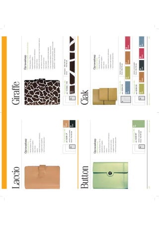 120BRUNOVISCONTI2015BRUNOVISCONTI2015121
Laccio
ButtonCiak
Органайзер
сменныйблок
Органайзер
сменныйблок
Органайзер
сменныйблок
ОрганайзерА6+
APT.5239LP
ОрганайзерА6+
APT.5439BT
папкаскольцами
блок:75х130мм
папкаскольцами
блок:75х130мм
25
лайм
27
бежевый
34
черный
ОрганайзерА5
APT.5234CK
папкаскольцами
блок:95х170мм
31
синий
25
лайм
27
бежевый
28
красный
ОрганайзерА6+
APT.5239CK
папкаскольцами
блок:55х130мм
25
лайм
27
бежевый
34
черный
28
красный
31
синий
Giraffe
Органайзер
папкаскольцами,сменныйблок
178
белый
A5
A6+A6+
ОрганайзерА6+
APT.13-002/178
обложка:105х140мм
блок:75х130мм
A6+A6+
 