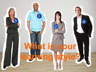 John
John is a dynamic, Type Four learner. He
loves spontaneity and the freedom to
explore ideas and likes to interject his own
insights into the dialog. He enjoys trainers
who create dynamic learning environments
and encourage creative thinking.
 