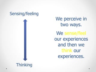 We perceive in
two ways.
We sense/feel
our experiences
and then we
think our
experiences.
Sensing/feeling
Thinking
 