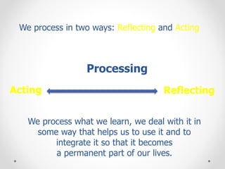 Processing
We process in two ways: Reflecting and Acting
Acting Reflecting
We process what we learn, we deal with it in
some way that helps us to use it and to
integrate it so that it becomes
a permanent part of our lives.
 