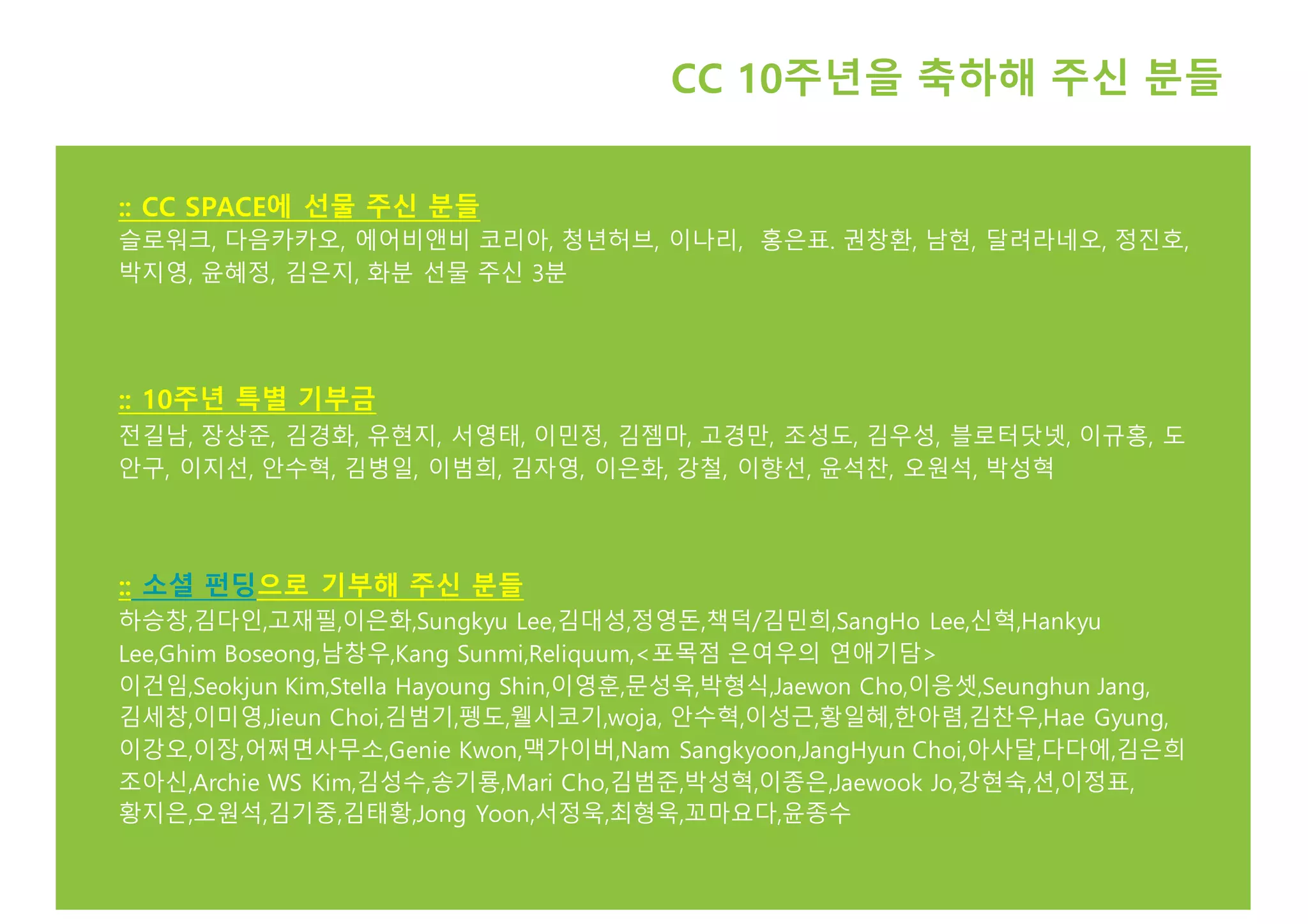 :: CC SPACE에 선물 주신 분들
슬로워크, 다음카카오, 에어비앤비 코리아, 청년허브, 이나리, 홍은표. 권창환, 남현, 달려라네오, 정진호,
박지영, 윤혜정, 김은지, 화분 선물 주신 3분
:: 10주년 특별 기부금
전길남, 장상준, 김경화, 유현지, 서영태, 이민정, 김젬마, 고경만, 조성도, 김우성, 블로터닷넷, 이규홍, 도
안구, 이지선, 안수혁, 김병일, 이범희, 김자영, 이은화, 강철, 이향선, 윤석찬, 오원석, 박성혁
:: 소셜 펀딩으로 기부해 주신 분들
하승창,김다인,고재필,이은화,Sungkyu Lee,김대성,정영돈,책덕/김민희,SangHo Lee,신혁,Hankyu
Lee,Ghim Boseong,남창우,Kang Sunmi,Reliquum,<포목점 은여우의 연애기담>
이건임,Seokjun Kim,Stella Hayoung Shin,이영훈,문성욱,박형식,Jaewon Cho,이응셋,Seunghun Jang,
김세창,이미영,Jieun Choi,김범기,펭도,웰시코기,woja, 안수혁,이성근,황일혜,한아렴,김찬우,Hae Gyung,
이강오,이장,어쩌면사무소,Genie Kwon,맥가이버,Nam Sangkyoon,JangHyun Choi,아사달,다다에,김은희
조아신,Archie WS Kim,김성수,송기룡,Mari Cho,김범준,박성혁,이종은,Jaewook Jo,강현숙,션,이정표,
황지은,오원석,김기중,김태황,Jong Yoon,서정욱,최형욱,꼬마요다,윤종수
CC 10주년을 축하해 주신 분들
 