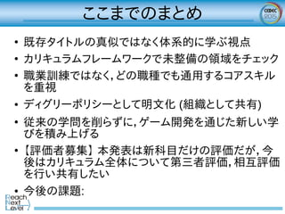 ここまでのまとめ
●
既存タイトルの真似ではなく体系的に学ぶ視点
●
カリキュラムフレームワークで未整備の領域をチェック
●
職業訓練ではなく，どの職種でも通用するコアスキル
を重視
● ディグリーポリシーとして明文化 (組織として共有)
●
従来の学問を削らずに，ゲーム開発を通じた新しい学
びを積み上げる
●
【評価者募集】 本発表は新科目だけの評価だが，今
後はカリキュラム全体について第三者評価，相互評価
を行い共有したい
● 今後の課題:
 