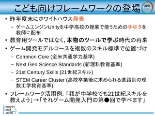 こども向けフレームワークの登場
●
昨年度末にホワイトハウス発表
– ゲームエンジンUnityを中学高校の授業で使うための手引きを
教師に配布
●
教育用ツールではなく，本物のツールで学ぶ時代の再来
●
ゲーム開発モデルコースを複数のスキル標準で位置づけ
– Common Core (全米共通学力基準)
– Next Gen Science Standards (新理科教育基準)
– 21st Century Skills (21世紀スキル)
– STEM Career Cluster (高校卒業後に求められる進路別の理
数工学教育基準)
● フレームワーク活用例: 「我が中学校でも21世紀スキルを
教えよう」→「それゲーム開発入門の第●回で学べます」
 