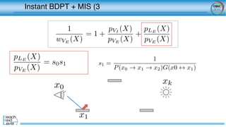 Instant BDPT + MIS (3	
1
wVE
(X)
= 1 +
pVI
(X)
pVE
(X)
+
pLE
(X)
pVE
(X)
x0
xk
s1 =
1
P(x0 ! x1 ! x2)G(x0 $ x1)
pLE
(X)
pVE
(X)
= s0s1 · · · sk
x1
 